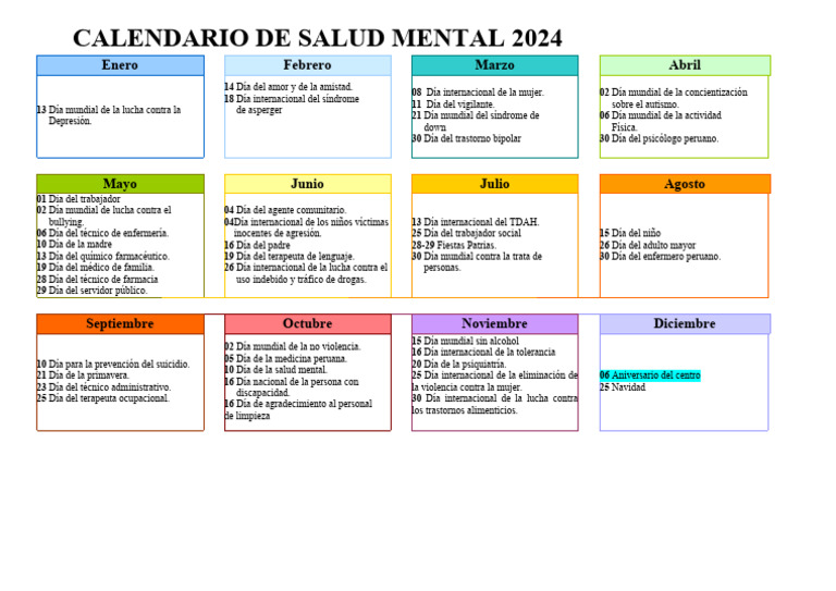 Calendario 2024 Descargar gratis PDF Salud mental Cuidado de la salud
