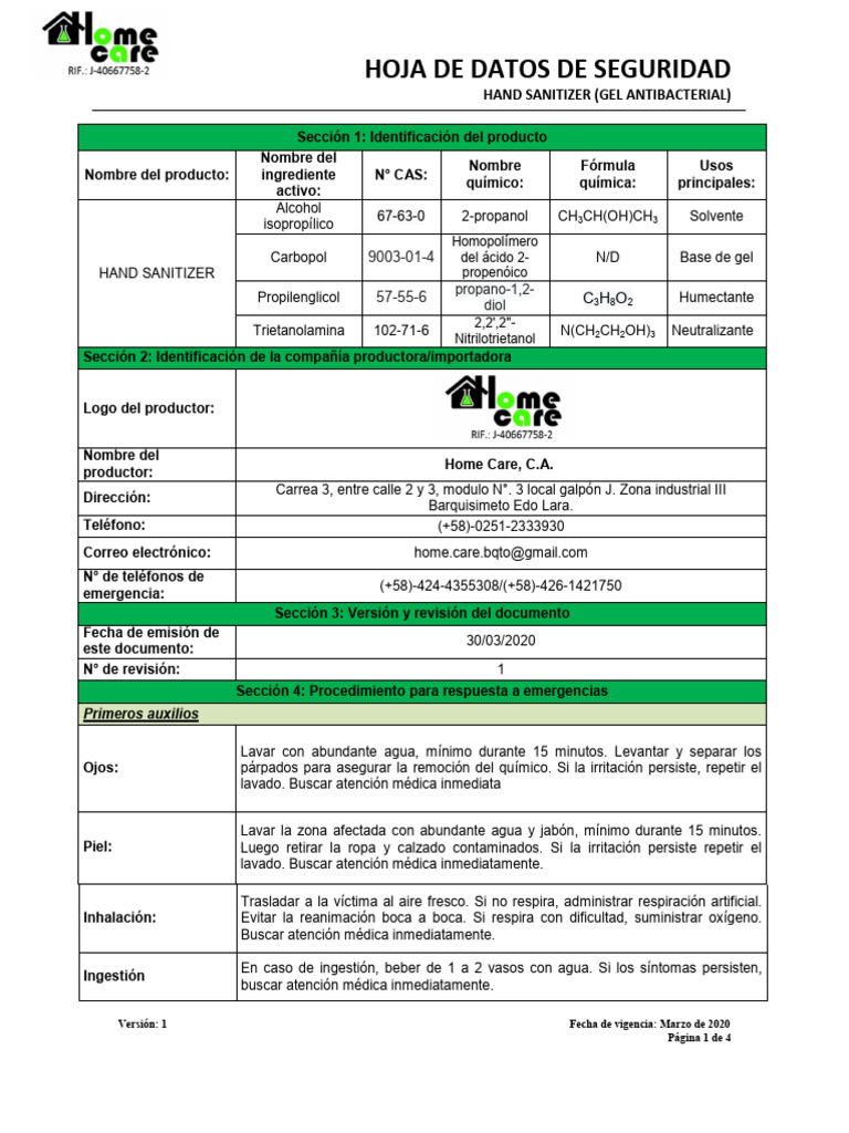 Gel Antibacterial (Hand Sanitizer) SDS Descargar gratis PDF