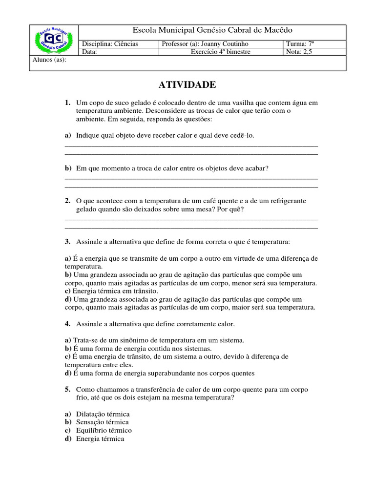 Exercicio 7 Ano Calor | PDF