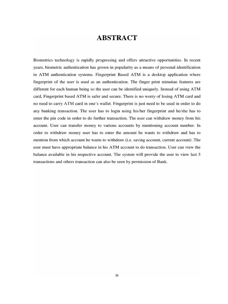(Fingerprint Based On ATM System) Abstract | PDF