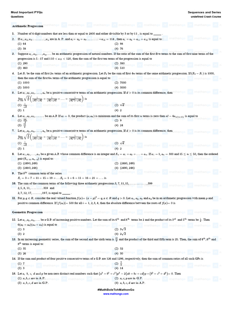 Question Most Important PYQs Sequences and Series Undefined Crash ...