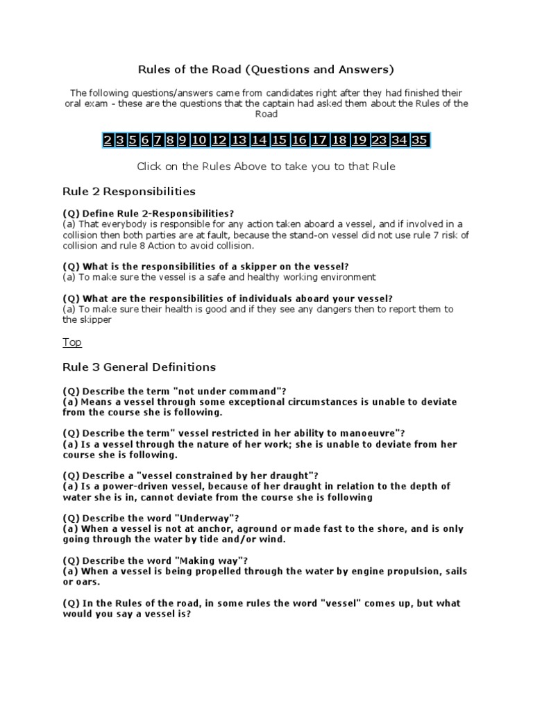 Rules of The Road (Questions and Answers) Click On The Rules Above To