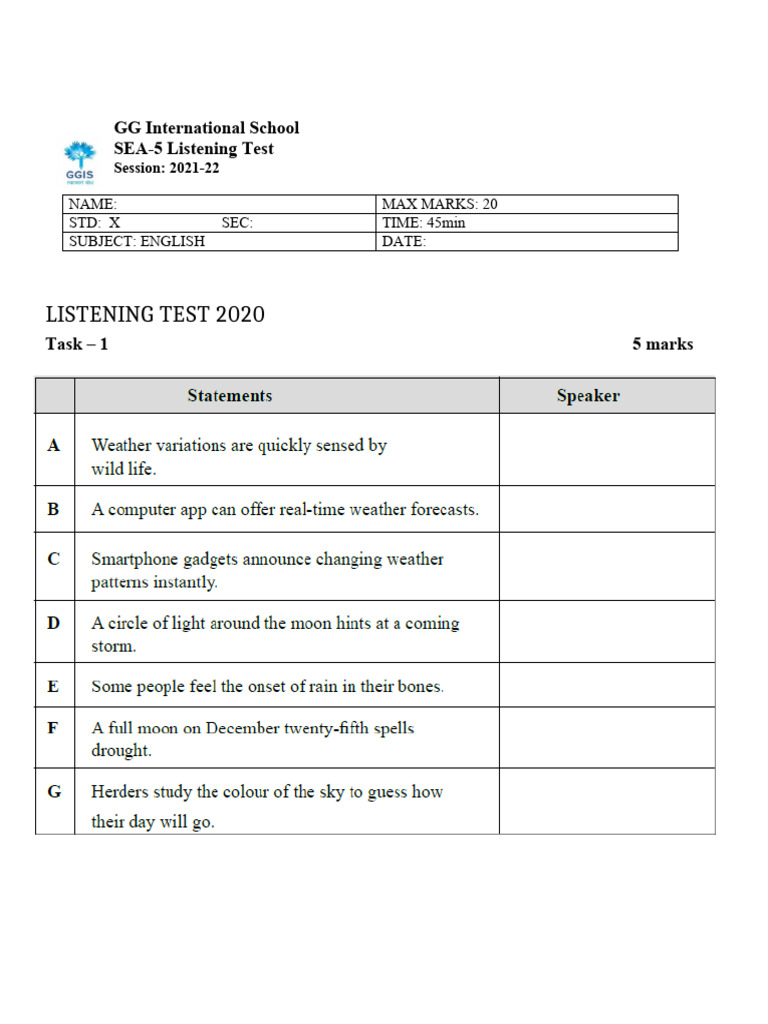 Class 10 ASL Listening Test Worksheet | PDF | Foreign Language Studies
