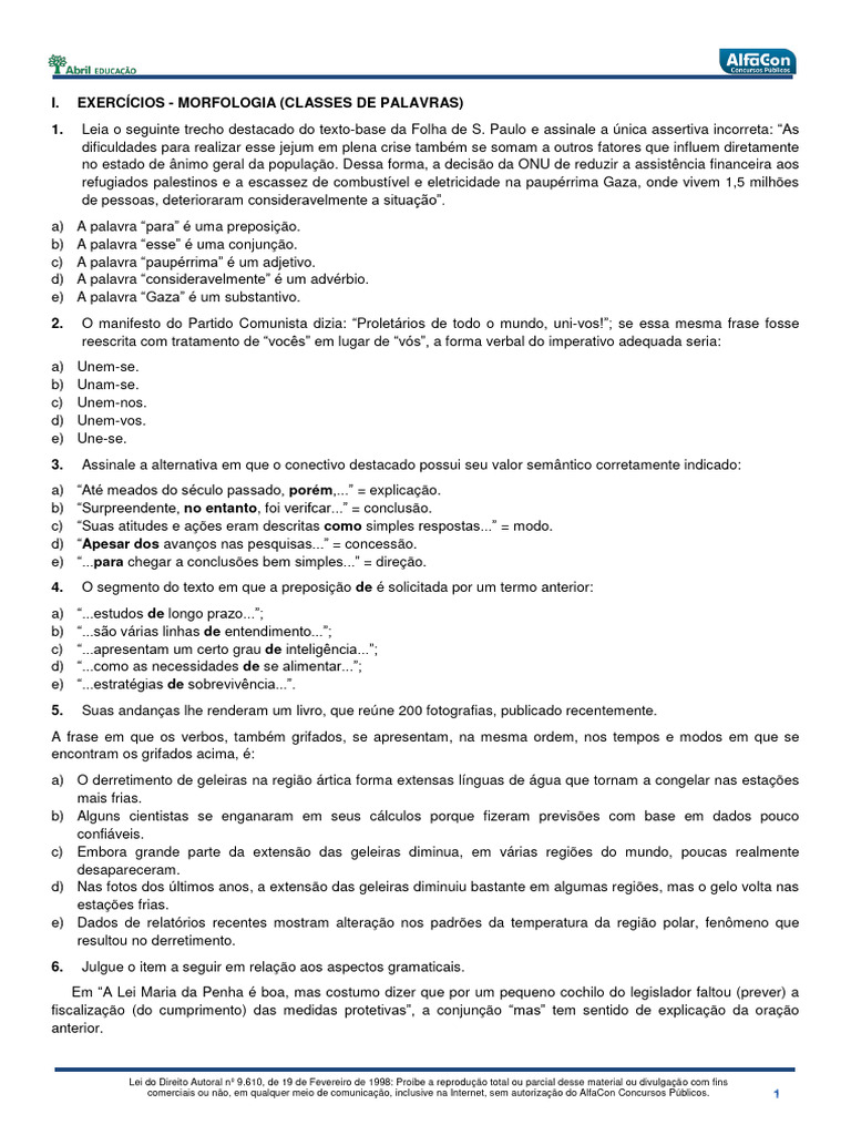 Exercícios de Morfologia e Gramática | PDF | Estudos de Línguas ...
