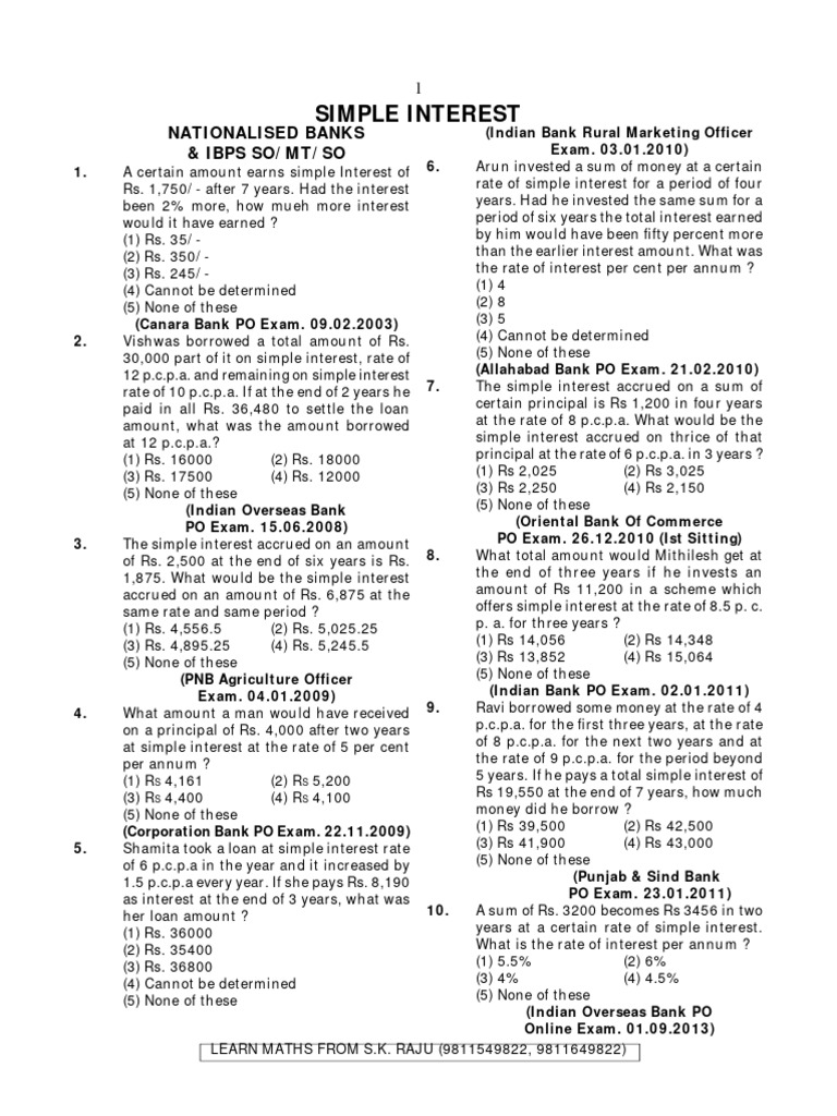 Simple interest nationalised banks ibps so mt so pdf interest