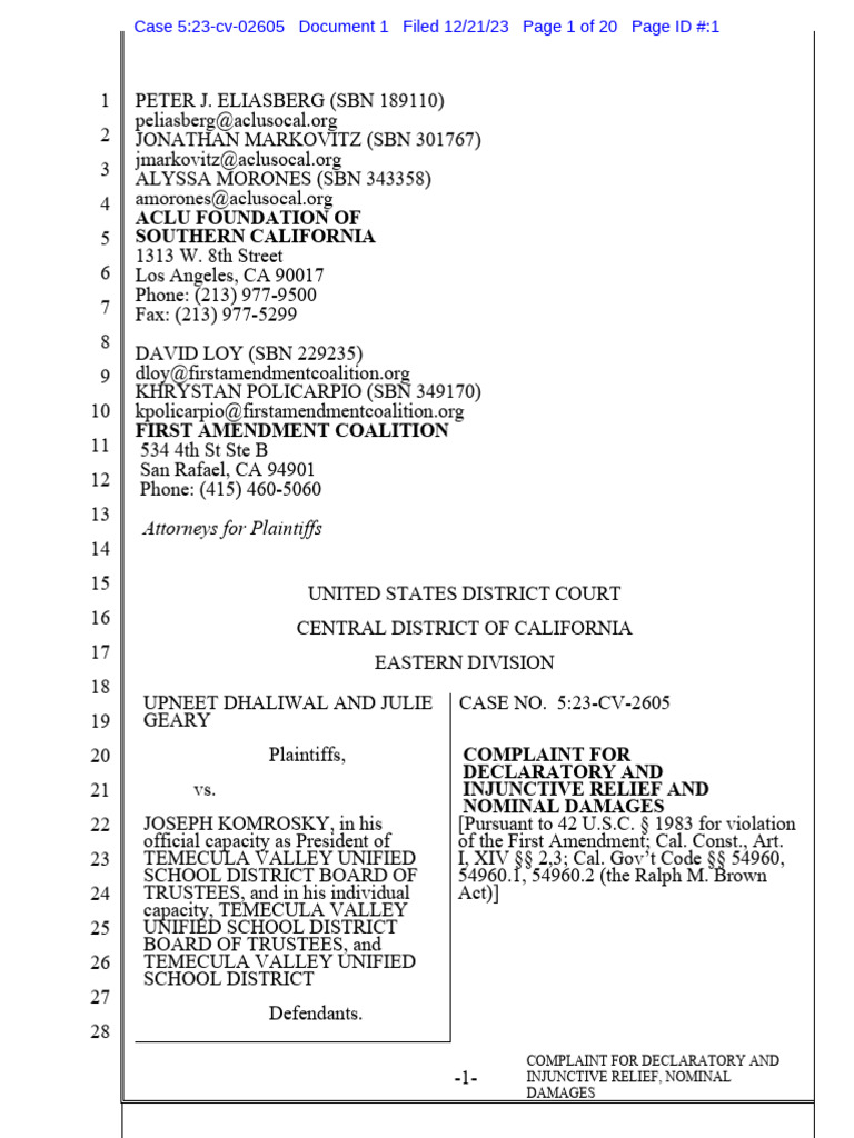 Upneet Dhaliwal and Julie Geary v. Joseph Komrosky and Temecula Valley