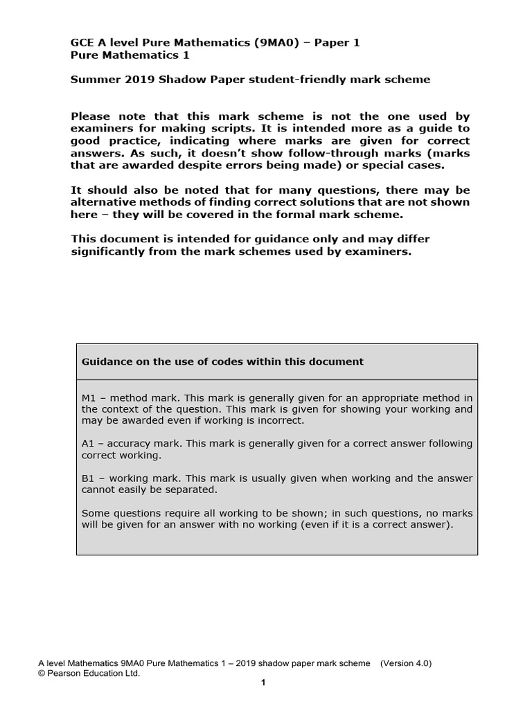 2019 A Level Maths Shadow Paper Mark Scheme | PDF | Applied Mathematics ...