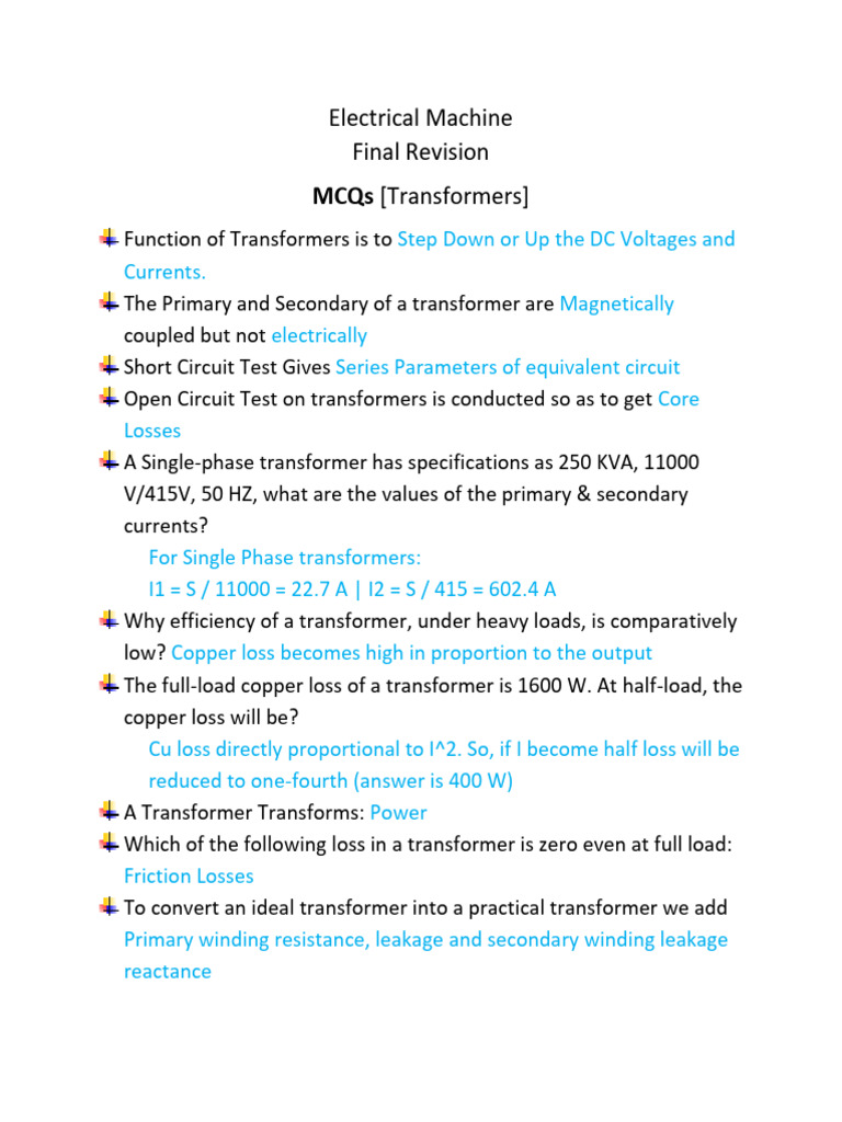MCQ PDF Electric Motor Transformer