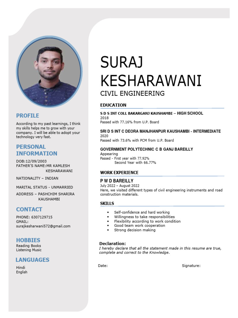 CV Format for Fresh Civil Engineers | PDF