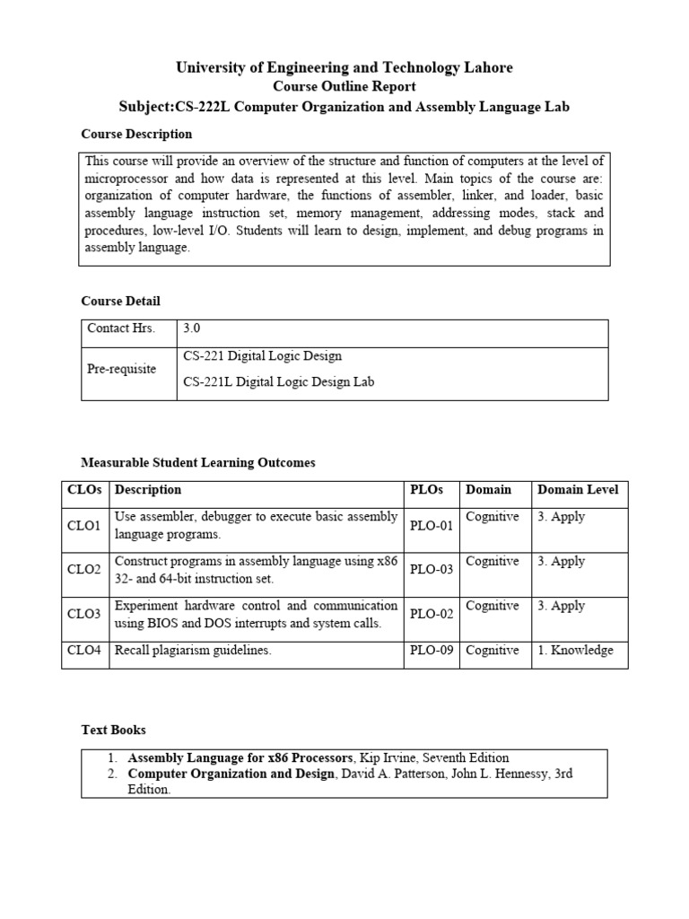 CS-222L Assembly Language Lab Outline | PDF | Assembly Language ...