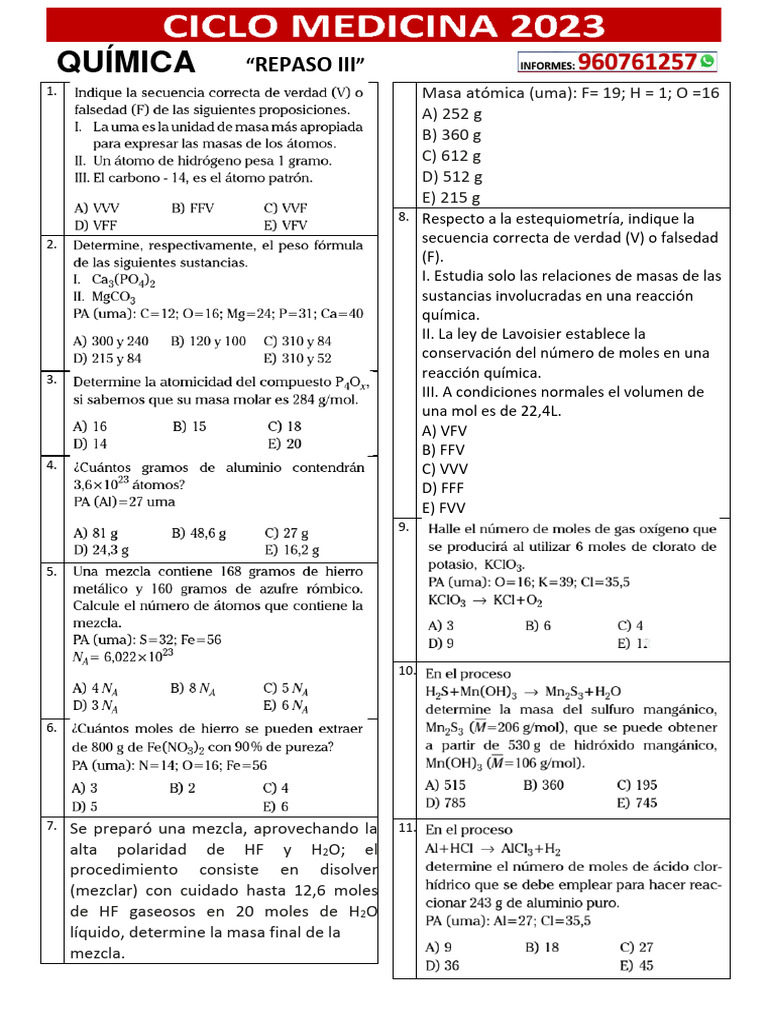 Ejercicios de Química y Estequiometría | PDF | Mole (Unidad) | Gases