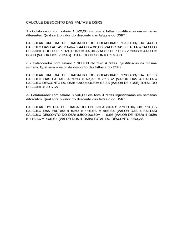 Cálculo de Desconto por Faltas e DSR | PDF