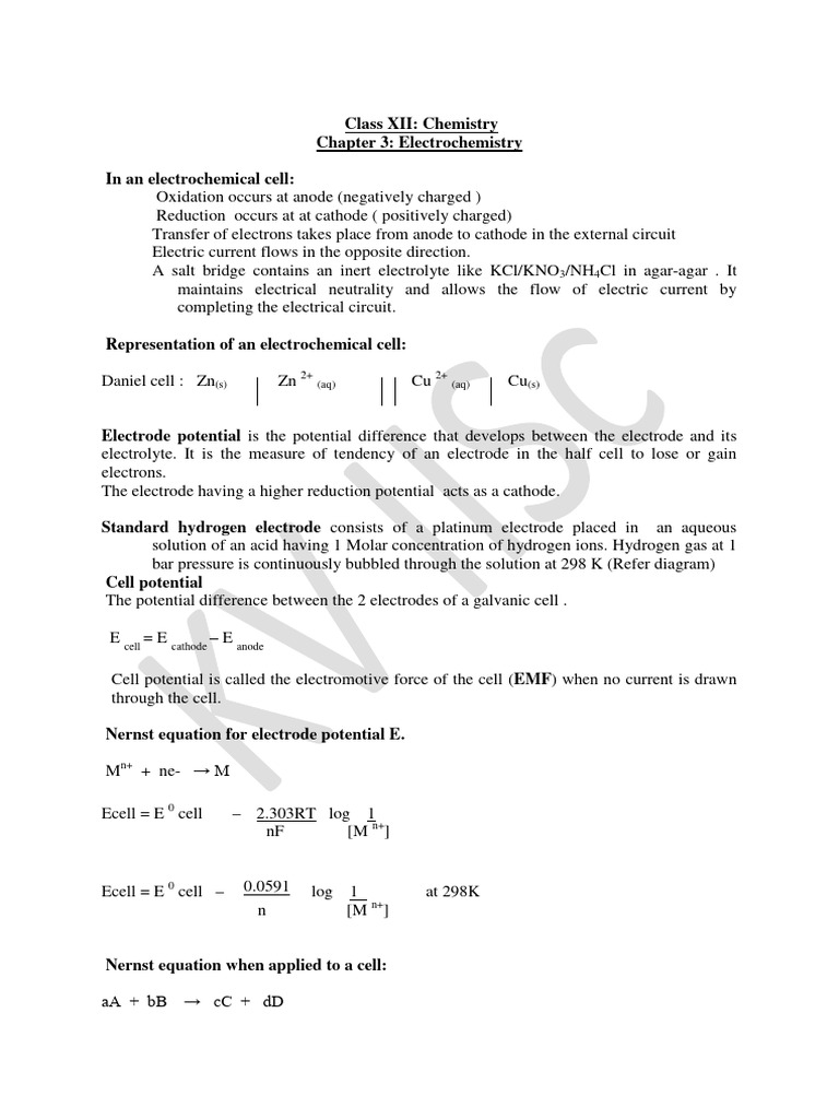Electrochemistry Notes PDF Electrochemistry Electrolyte