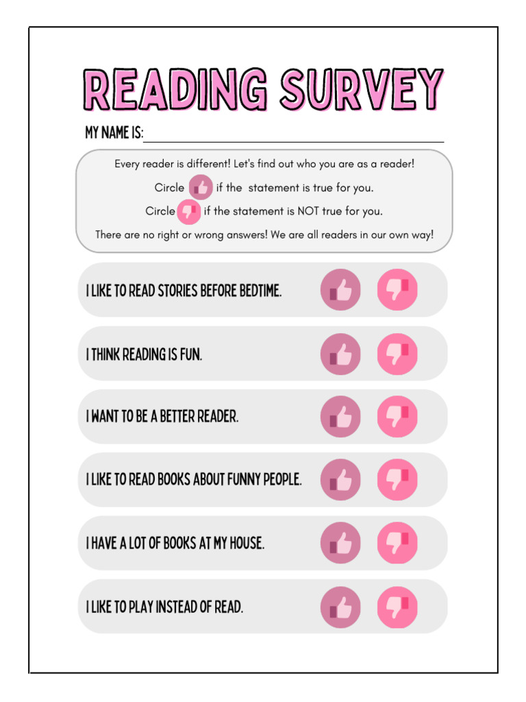 Pink &amp; Purple Reading Interest Survey Worksheet | PDF