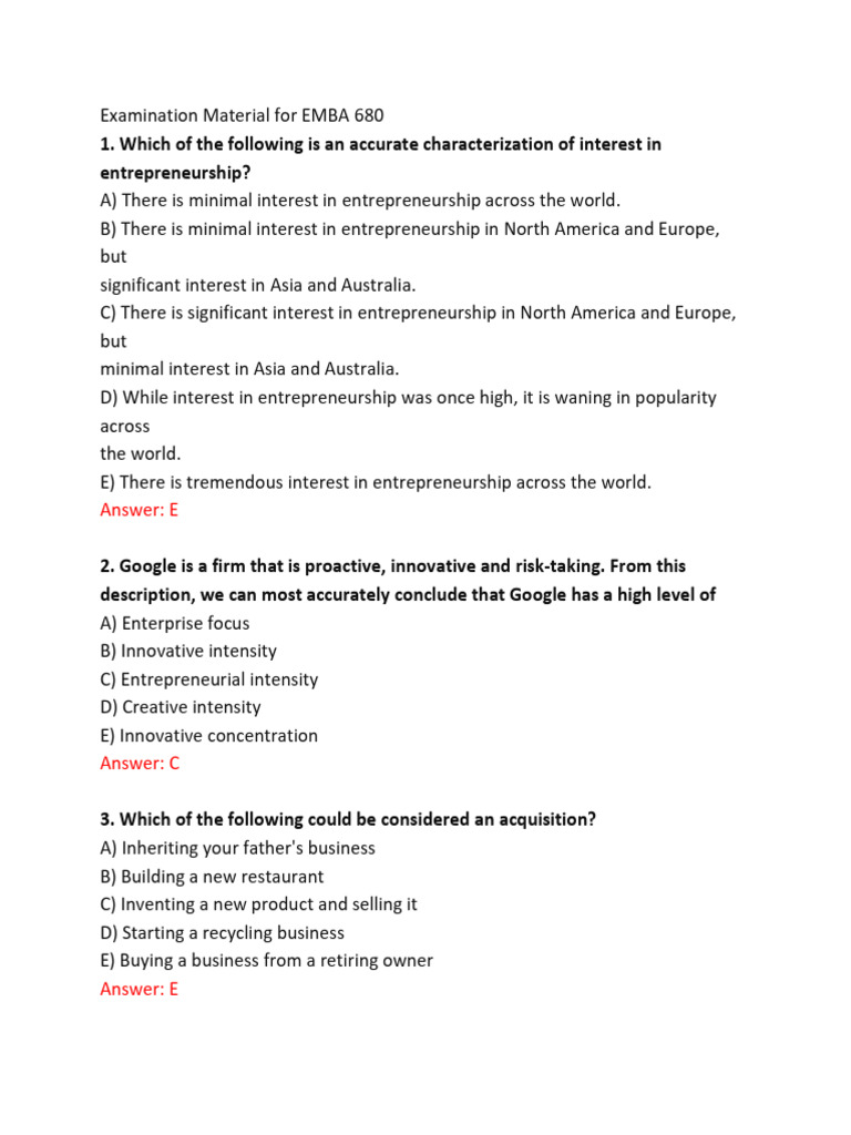 EMBA 680 Entrepreneurship Exam Guide | PDF | Leadership | Entrepreneurship