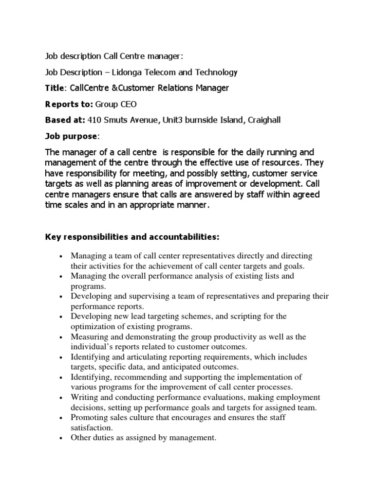 Call Centre Manager Job Description | PDF