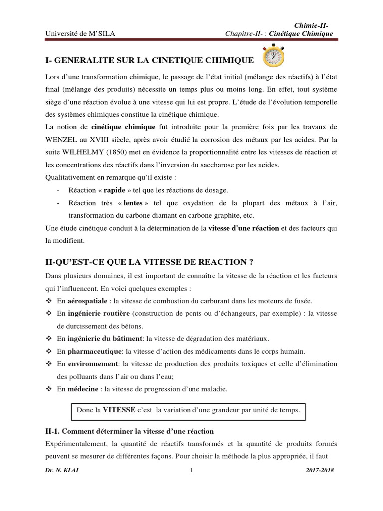 Cinétique Chimique Vitesse de Réaction PDF Cinétique chimique — free download