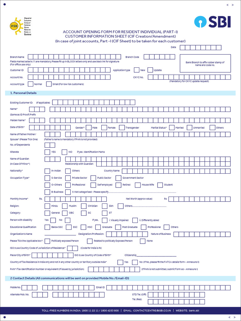 SBI Account Opening Form - Resident Individual | PDF | Cheque | Banks