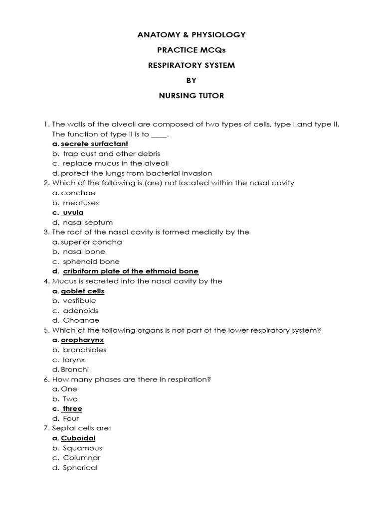 Respiratory System MCQs by Nursing Tutor | PDF