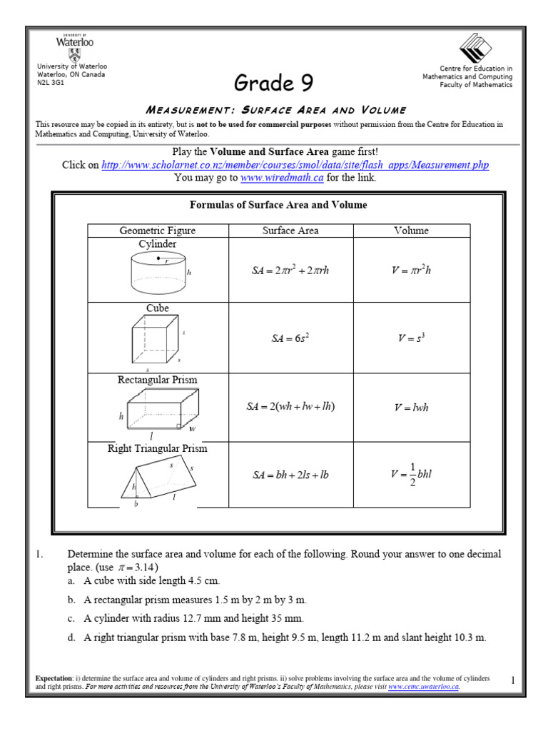 Sa and Volume Worksheet | PDF