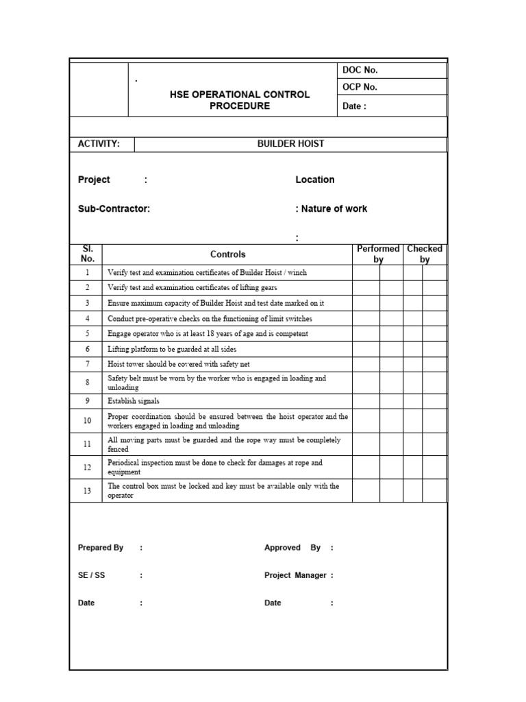 HSE Operational Control Procedure For Builder Hoist PDF