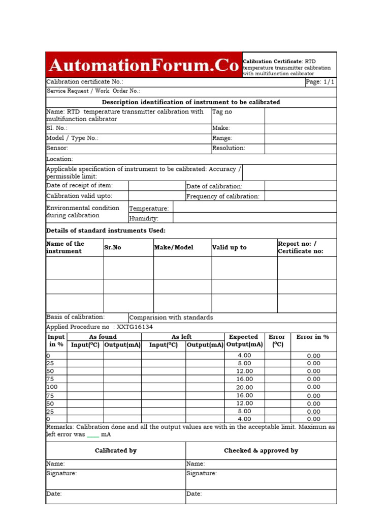 RTD Temperature Transmitter Calibration Report Template PDF