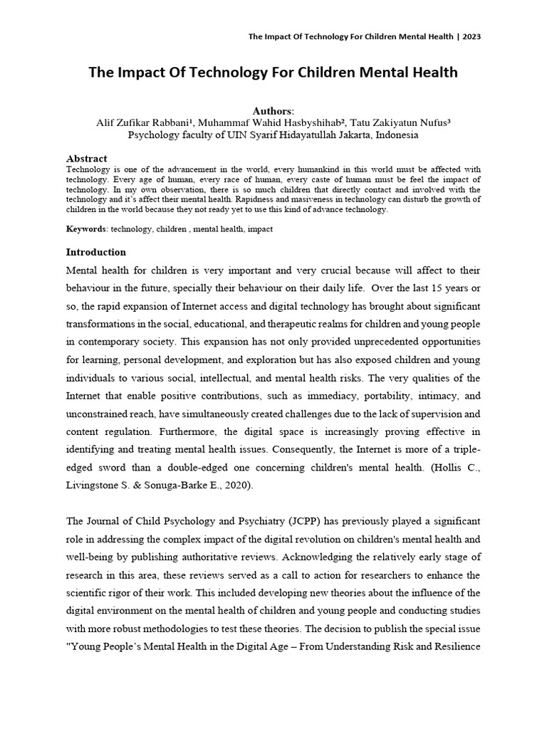 The Impact of Technology On Children Mental Health | PDF | Mental ...