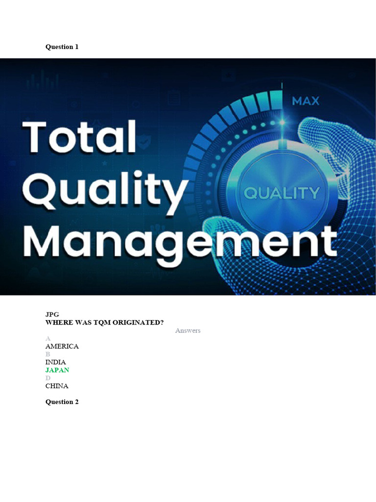 Best TQM Quiz Part 2 Ques and Ans PDF Six Sigma Quality
