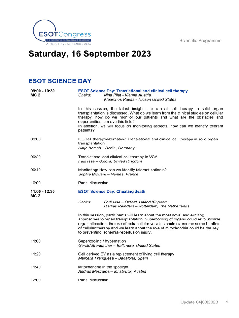 ESOT 2023 Science and Education Program | PDF | Kidney Transplantation ...