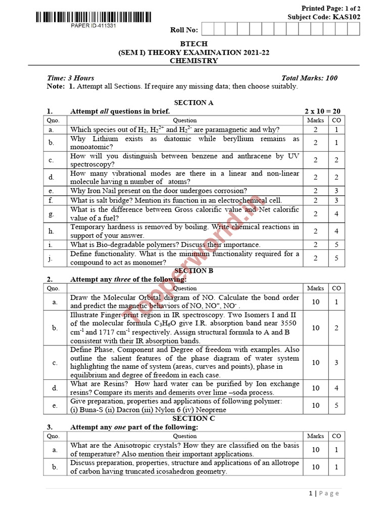 BTech 1st Year Chemistry Exam Paper | PDF | Molecules | Chemistry