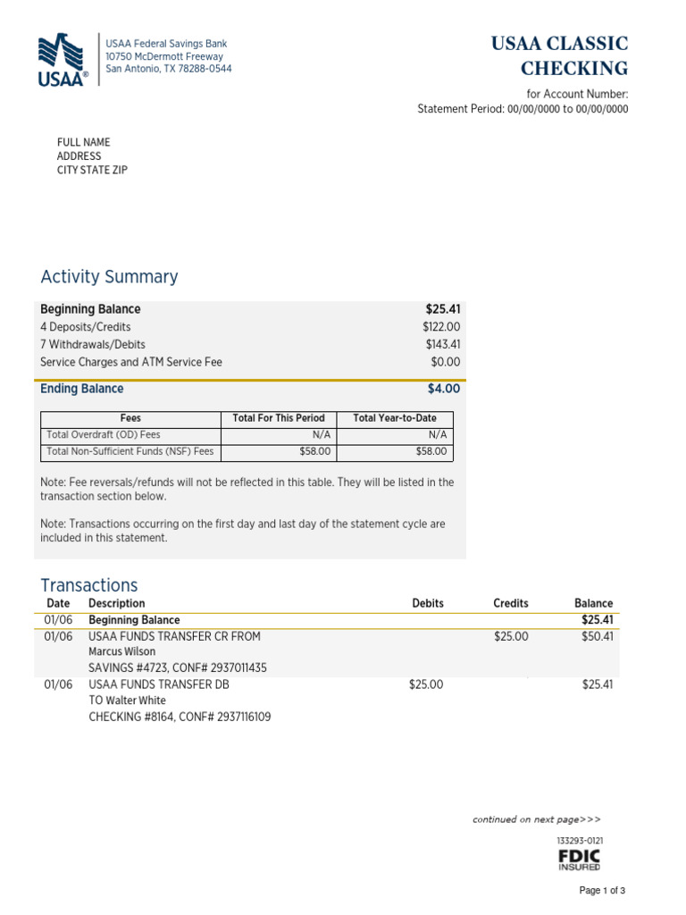 USAA Statement (Template) | PDF | Transaction Account | Overdraft