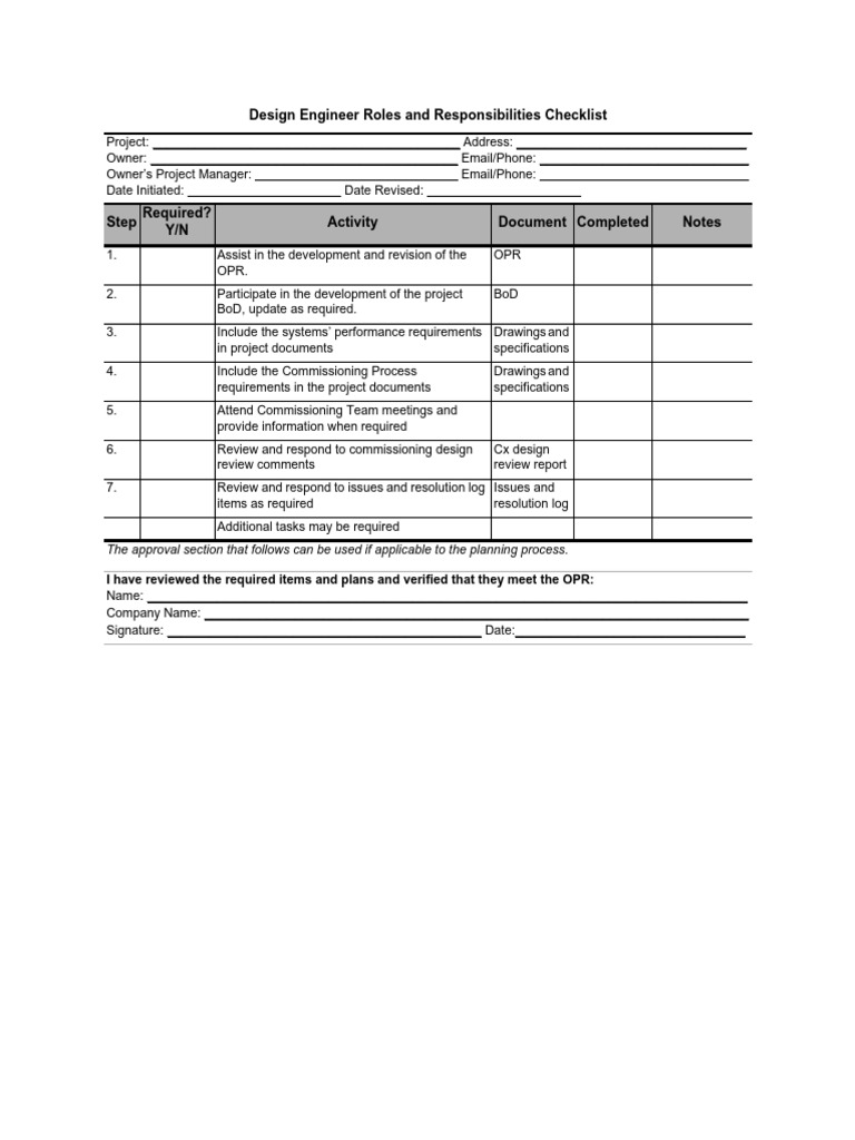 Design Engineer Roles and Responsibilities Checklist PDF Computing