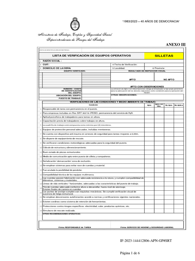 Verificación de Seguridad en Altura SRT | PDF | Seguridad y salud ...