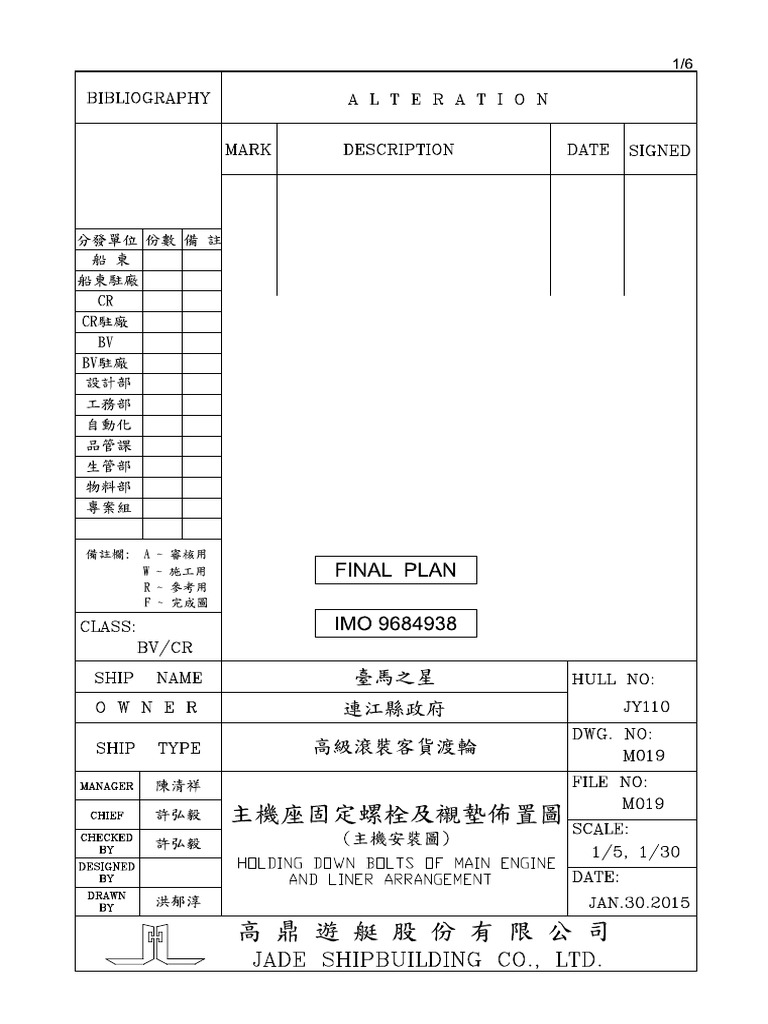 M019 主機安裝圖HOLDING DOWN BOLTS OF MAIN ENGINE AND LINER ARRANGEMENT