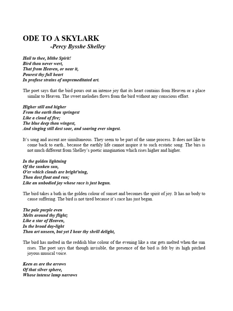 ODE TO A SKYLARK Poem | PDF | Poetry | Rainbow