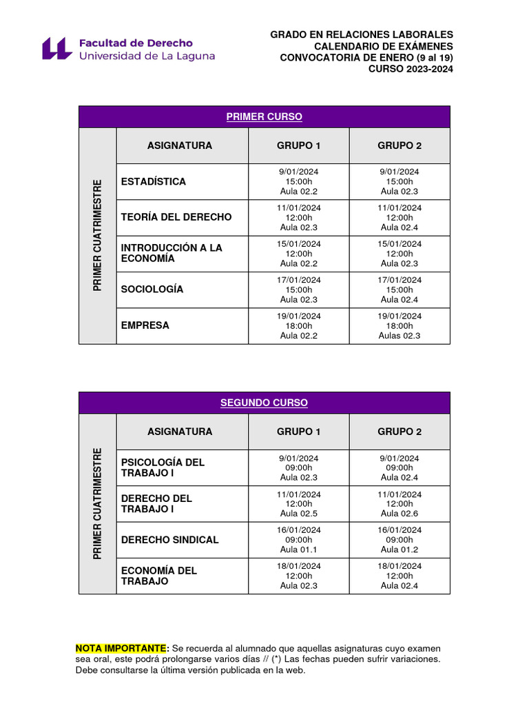 Calendario de Exámenes. RRLL Enero. Curso 2023-2024 | PDF | Relaciones ...