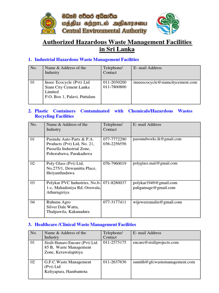 Authorized Hazardous Waste Management Facilities in Sri Lanka New | PDF