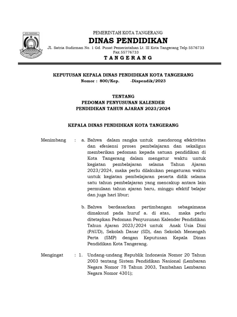 Kalender Pendidikan Ta 2023-2024 Disdik Kota Tangerang | PDF