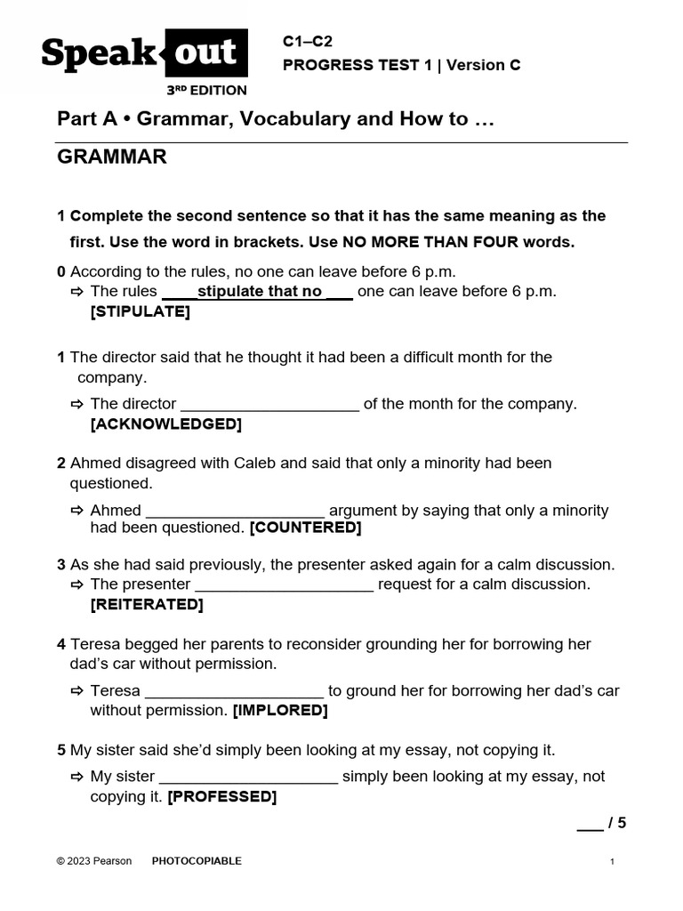 C1-C2 Progress Test 1: Grammar & Vocabulary | PDF | Carbon Dioxide In ...