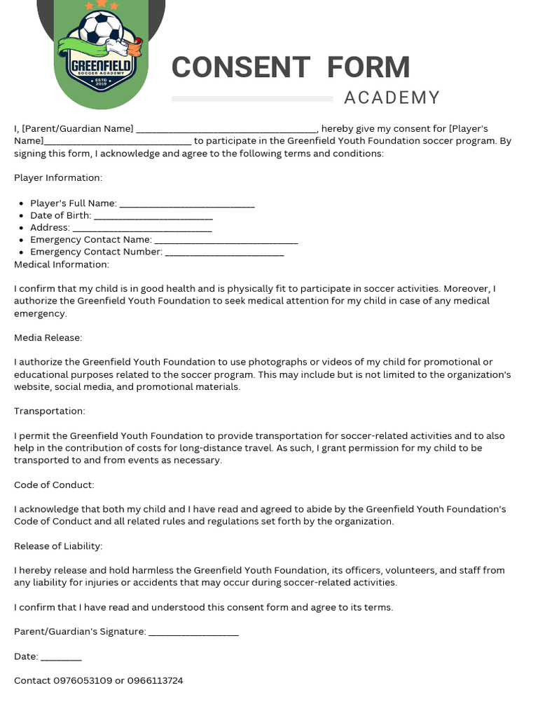 Youth Soccer Program Consent Form | PDF | Social Science