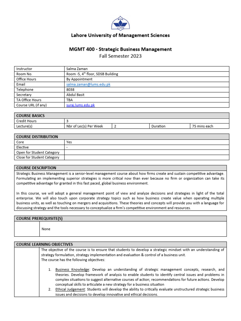 Strategic Business Management Course Overview | PDF | Strategic ...