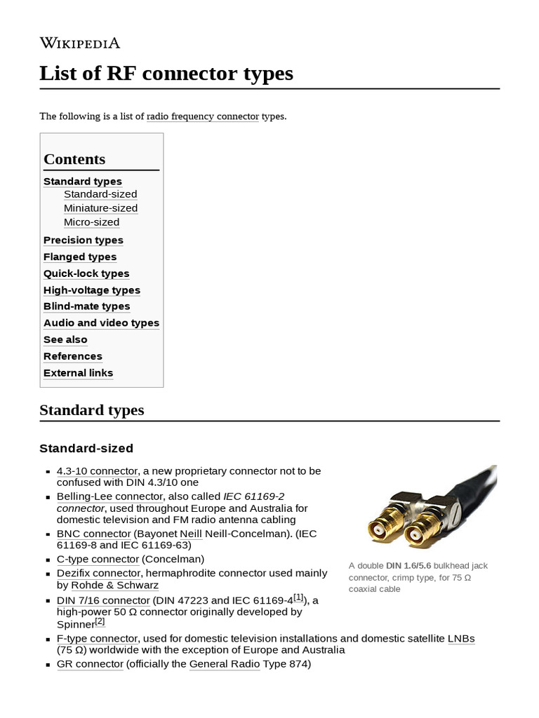 List of RF Connector Types PDF Coaxial Cable Radio Technology
