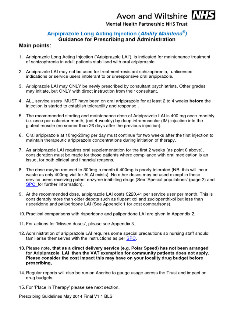 Aripiprazole Lai Prescribing Guidelines | PDF | Antipsychotic | Chemistry