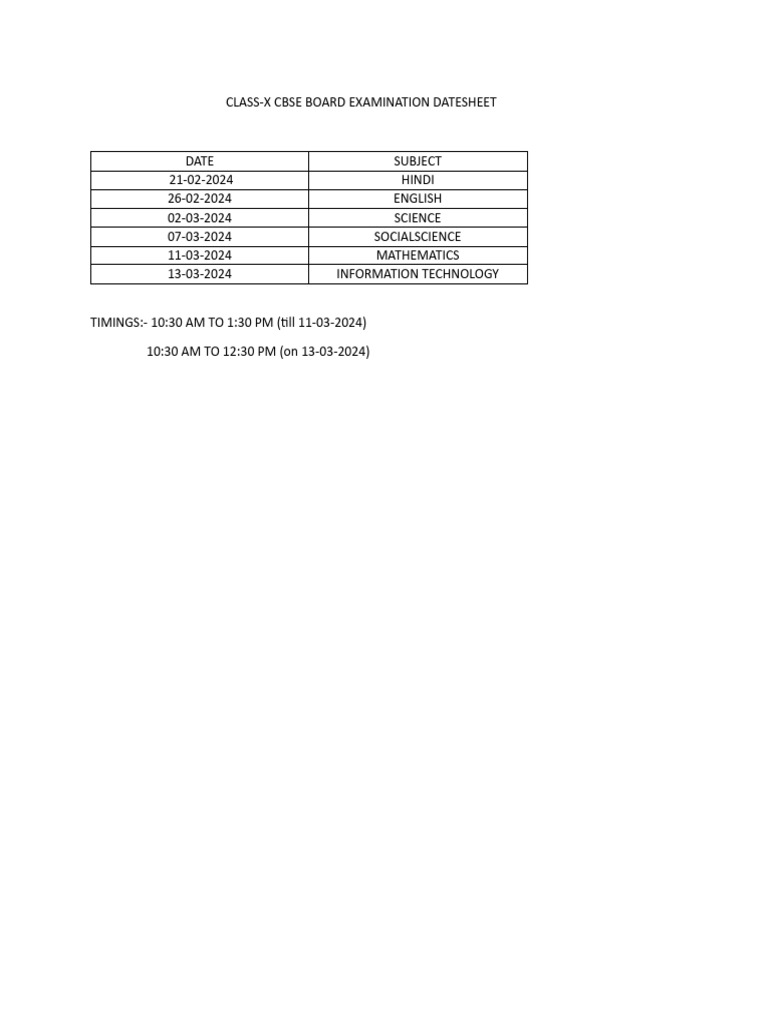 Class X Datesheet Board Examination - 2024 | PDF