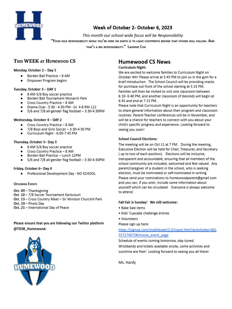 Parent Howler October 2 - 6, 2023 Humewood Community School | PDF
