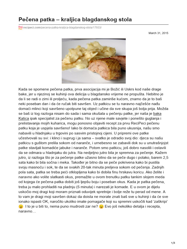 Pečena Patka Kraljica Blagdanskog Stola | PDF