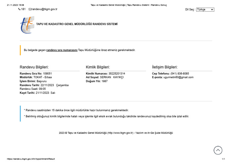 Tapu Ve Kadastro Genel Müdürlüğü Tapu Randevu Sistemi Randevu Sonuç