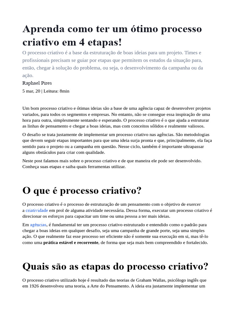 4 Etapas do Processo Criativo | PDF | Pensamento | Criatividade