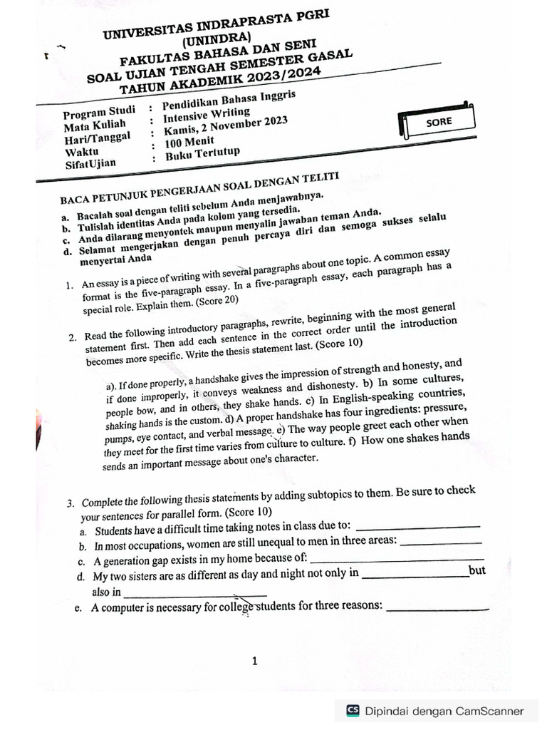 Soal UTS Intensive Writing 2023-2024 | PDF