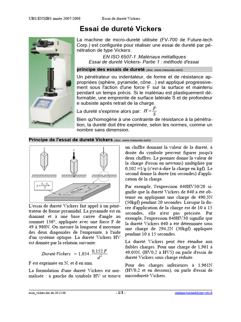 Essai de dureté Vickers Méthodes et Normes PDF Dureté (matériau — free download